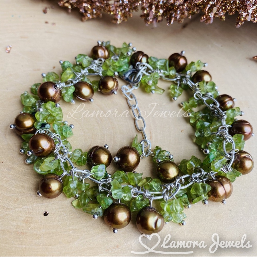 Peridot Gemstone and Natural Pearl Silver Bracelet